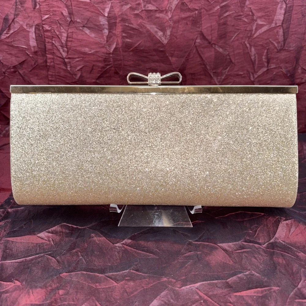 Gold Metallic Glitter Frame Crossbody Clutch Evening Bag Rhinestone Bow Clasp EC